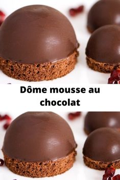 three chocolate desserts on a white plate with pomegranates around them