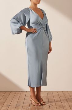 LUXE BALLOON SLEEVE KNOT FRONT MIDI DRESS | Azure | Dresses | Shona Joy – Shona Joy International Evening Midi Dress With Elastic Sleeves, Chic Party Midi Dress With Elastic Sleeves, Chic Midi Dress With Elastic Sleeves For Party, Blue Balloon Sleeve Dresses For Formal Occasions, Evening Midi Dress With Balloon Elastic Sleeves, Blue Dresses With Balloon Sleeves For Formal Occasions, Evening Midi Dress With Balloon Sleeves, Elegant Blue Dress With Elastic Sleeves, Formal Midi Dress With Gathered Sleeves