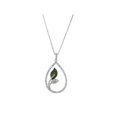 Green diamonds adorn the leafy design of this eye-catching, sterling silver teardrop necklace. Click on this JEWELRY & WATCHES GUIDE to learn about fit, styles, materials and more!PENDANT DETAILS Pendant length: 1.18 in. Chain length: 18 in. Chain type: box Clasp: spring-ring Metal: sterling silver Plating: white & black rhodium DIAMOND DETAILS Total weight: 1/5 ct. Shape: single cut Color: white, green Color grade: H-I Clarity: I1-I2 Setting: prong Gemstones may have been treated to enhance their appearance. Special care may be required. Please visit our Gemstone Treatment & Special Care Guide for more information. Image(s) may be enlarged to show detail.Diamond weights are approximate. Diamond total weights may vary between .01 and .08 ct. Some diamonds have fewer than 17 facets. Size: 1 Green Diamond, Teardrop Necklace, Black Rhodium, Leaf Pendant, Metal Rings, Cut And Color, Spring Rings, Chain Lengths, White And Black