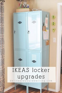 a blue locker with the words ikea's locker upgrades written on it