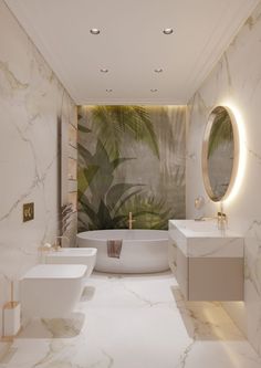 a bathroom with two sinks and a bathtub in the middle, surrounded by marble walls