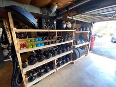 a garage filled with lots of plates and bowls