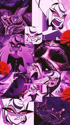 an image of cartoon character collages in purple and black colors with red accents