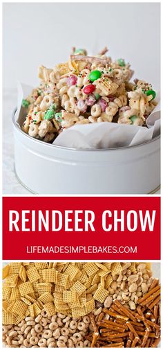 the recipe for reindeer chow is shown in three different pictures