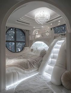 a bedroom with an inflatable bed and large windows