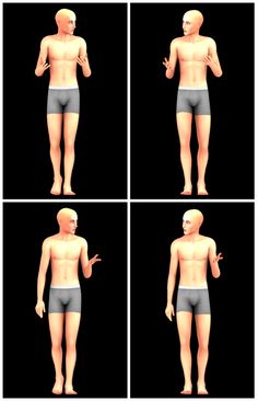 four different poses of a man with no shirt and gray shorts on, one in the middle