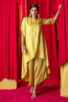 Shop for Enech Yellow Muslin Modal High Low Tunic And Palazzo Set for Women Online at Aza Fashions High Low Kurti Designs, Short Kurti Designs, Yellow Mirror, Kurti Embroidery Design, High Low Tunic, Indian Dresses Traditional, Palazzo Set, Design School, Embroidery Designs Fashion