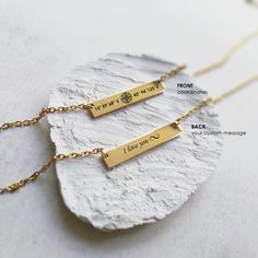 "Personalized waterproof bar location necklace with longitude, latitude coordinates. The pendant comes with a 19\" chain that fits most body types, it is made of stainless steel and it is available in gold, silver, rose gold and black colors, the bar measures 1.4\" x 0.2\" / 3.5cm x 0.5cm. The necklace can be engraved on the front with your custom coordinates and one symbol of your choice, and the back can be blank or you can select \"front and back engraving\" and add a custom message on the back side of the necklace. We engrave each item in our studio, using a laser engraving process that creates a very precise and detailed image, the machine creates a darker tone image with no ink, this dark engraved image will not fade over time and you can feel the fine texture of the deep engraving o Minimalist Stainless Steel Necklace For Best Friend, Minimalist Laser Engraved Rectangular Pendant Jewelry, Engraved Rectangular Jewelry For Best Friend, Personalized Rectangular Jewelry For Best Friend Gift, Minimalist Stainless Steel Jewelry With Engraving Option, Long Distance Necklace, Latitude Longitude Jewelry, Latitude Longitude, Bar Necklace Personalized