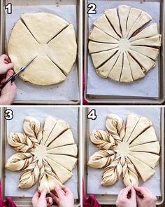 the steps to make an apple pie are shown in four different stages, including baking