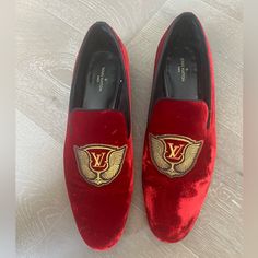 Red Velvet Lv Loafers In A Good Condition Red Flat Loafers For Galas, Luxury Red Almond Toe Loafers, Luxury Red Loafers With Round Toe, Red Luxury Loafers With Round Toe, Designer Red Loafers With Round Toe, Lv Loafers, Louis Vuitton Shoes, Slip Ons, Loafer Shoes