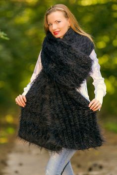 READY TO SHIP  FUZZY HAND KNIT EXTRA LONG MOHAIR SCARF by SuperTanya Product Features: Brand:  SuperTanya; Style: hand knitted extra long mohair scarf; Material: premium class mohair; Color: Black Design: Plain design mohair scarf; Measurements and weight: Scarf: length: 300 cm x 40 cm (118'' x 15.8') Net weight:0.890 / 0.930 kg  *All measurements are taken with the item laid flat and not stretched. The top quality materials, craftsmanship and service, in addition to the best price/value ratio o Black Knitted Shawl For Winter, Cozy Black Shawl One Size, One Size Cozy Black Shawl, Cozy Black One-size Shawl, Black Alpaca Shawl For Winter, Winter Chunky Knit Shawl, One Size, One Size Chunky Knit Winter Shawl, One Size Chunky Knit Shawl For Winter, One Size Black Knitted Shawl