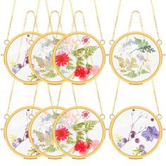 six glass plates with flowers on them hanging from chains