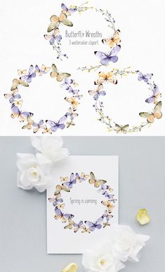 some white flowers and butterflies on top of a gray background with the words butterfly wreaths