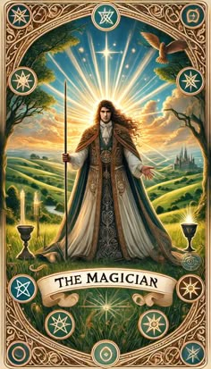 the magician tarot card with an image of a woman holding a wand and surrounded by symbols