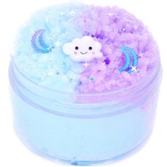 a blue container filled with lots of purple and white stuff next to a smiling cloud