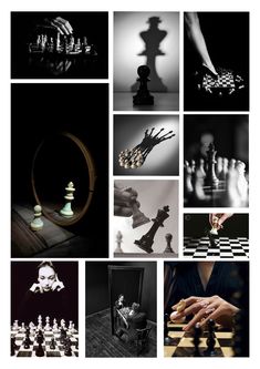 black and white photos with chess pieces on them