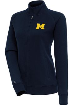 Antigua Michigan Wolverines Womens Navy Blue Victory Long Sleeve Full Zip Jacket Michigan Wolverines, Navy Women, Zip Jacket, Raglan Sleeve, Fleece Jacket, Victorious, Women Long Sleeve, Michigan, Navy Blue