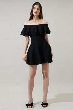 Get that cute feeling every time you wear the Dennet Off the Shoulder Flare Mini Dress. Thick stretchy fabric shapes this mini dress with a flare. An off the shoulder look and mini length are perfect to pair with heels for a night out. - Off the shoulder- Ruffle- Flare- Mini- Comes in 2 colorsSize + Fit - Model is 5'10" and wearing size XS- Measurements taken from size S - Chest: 14 1/4"- Length: 26 1/4" Fabric Self: 70% Viscose 30% Polyester Style Number STD14441 Stretch Ruffled Mini Dress, Stretch Mini Dress With Ruffles, Chic A-line Off Shoulder Party Dress, Stretch Mini Hem Dress For Date Night, Date Night Stretch Mini Dress, Chic Fitted Off Shoulder Mini Dress, Chic Off Shoulder Mini Dress For Date Night, Chic Off-shoulder Mini Dress For Date Night, Chic Cold Shoulder Off Shoulder Cocktail Dress