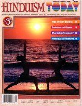 a magazine cover with two people doing yoga in front of the ocean and sun setting