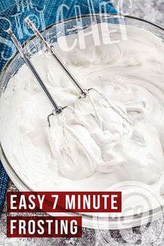 This contains: A mixing bowl of frosting 7 Min Frosting Icing Recipe, Cloud Icing Recipe, Seven Minute Icing Recipes, Easy Boiled Icing Recipe, No Cook 7 Minute Frosting, Fluffy White Frosting Easy, 7 Minute Icing Recipe, 7 Minutes Frosting, American Frosting Recipe