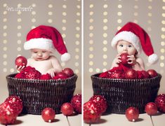 a baby wearing a santa hat sitting in a basket filled with christmas balls and ornaments