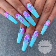 Topical Acrylic Nails, Turquoise Gel Nails Design, Cute Long Acrylic Nails Coffin, Blue Pink Ombre Nails, Turquoise And Pink Nails, Pink And Blue Ombre Nails, Pink And Blue Nails, Neon Pink Nails, Neon Acrylic Nails