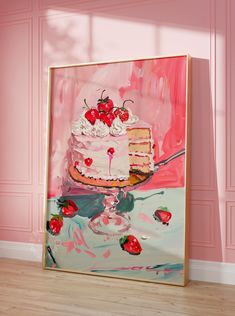 a painting of a piece of cake with cherries on it is in front of a pink wall