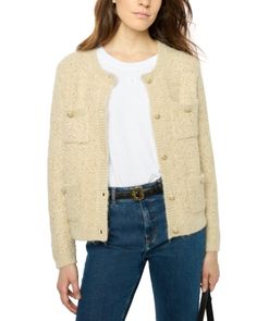 Gerard Darel Janelly Knit Jacket Elegant Cream Textured Knit Outerwear, Chic Knitted Outerwear For Work, Chic Beige Knitted Outerwear, Chic Textured Knit Wool Outerwear, Casual Cream Tweed Jacket For Fall, Beige Textured Knit Wool Outerwear, Casual Cream Tweed Jacket For Winter, Classic Textured Knit Outerwear For Spring, Cream Textured Knit Outerwear For Fall