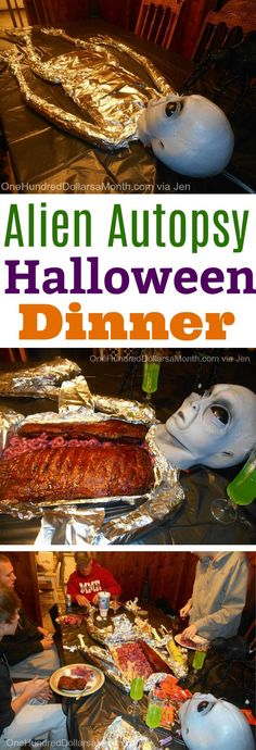 an alien autopsy halloween dinner is ready to be eaten