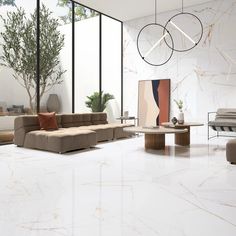 a modern living room with white marble flooring