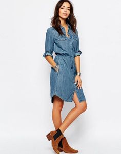 Jean Dress Outfit, Jeans Outfits, Jean Dress, Denim Shirt Dress, Chambray Dress, Dress Outfit, Casual Look