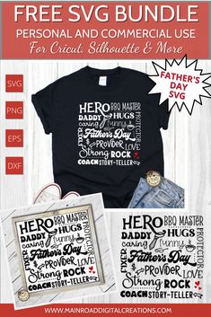 the hero svg bundle includes two t - shirts, one for father's day and