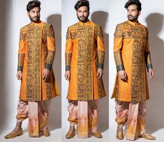 Can Be Done In Any Colour , Design and Customization  ------------------------------------------------------------------------------------------------------------------------------------------- Specially Crafted For Indian Weddings This is A Classic Groom Sherwani With Fine Digital Print With Quilt Work All Over Attributes As Follows  1.Top -  Sherwani *Colour  - Base Color Is Mustard (Can Be Done In Any Colour ) *Fabric - Silk *Work Type - Digital Print With Quilt Work All Over 2. Bottom - Ligh Bollywood Bandhgala For Groom's Festival Wear, Bollywood Bandhgala For Groom, Festive Occasions, Bollywood Bandhgala For Groom And Festivals, Bollywood Bandhgala For Groom, Traditional Nehru Jacket For Groom, Bollywood Style Bandhgala For Groom, Traditional Bollywood Nehru Jacket For Groom, Bollywood Style Groom's Kurta With Traditional Drape, Bollywood Style Nehru Jacket For Groom