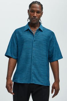 Available In Blue and Cream Fold Down Collar Front Button Closure Textured Detail Short Sleeve 95% Polyester, 5% Spandex Imported California Proposition 65 WARNING: Cancer and Reproductive Harm - www.P65Warnings.ca.gov. | Mens Sounds Good Textured Shirt in Blue size Small by Fashion Nova Sweat Women, Textured Shirt, Sounds Good, Jeans For Sale, Swim Shorts, Blue Fashion, Clothes For Sale, Everyday Essentials Products, Fashion Nova