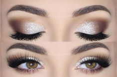 Silver Glitter Makeup, Silver Glitter Eye Makeup, Glittery Eye Makeup, Wedding Makeup For Brunettes, Glitter Makeup Looks, Glittery Eyes, Peach Bellini