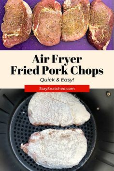 air fryer fried pork chops in a cast iron skillet with text overlay