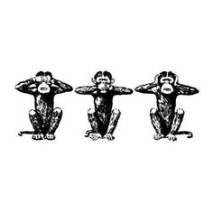 three monkeys sitting in the same position with their hands on their hipss, and one holding