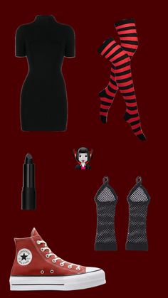 a woman's clothing and accessories are arranged in the shape of an image on a red background