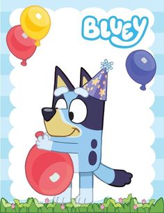 a cartoon dog with a birthday hat holding a balloon