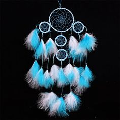 a blue and white dream catcher with feathers hanging from it's side on a black background