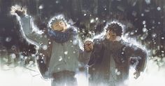 two people standing in the snow with their hands up and one person holding an umbrella