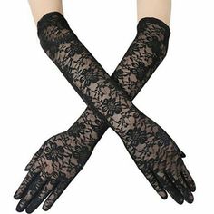 Ladies 16" long black poly lace dressy costume gloves. Floral lace pattern. One size, average. Many uses for theater and costuming. Gloves For Wedding, Floral Gloves, Black Lace Gloves, Satin Gloves, Stretch Lace Fabric, Costume Gloves, Gloves For Women