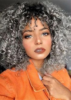 Fashion Synthetic Afro Wigs Lady Short Kinky Curly Wig with Bangs Grey Heat Safe 6279580974207  eBay Curly Hair Color Ideas, Curly Hair Color, Bangs For Black Women, 16 Inch Hair, Grey Hair Wig, Cheap Human Hair Wigs, Grey Curly Hair, Long Human Hair Wigs, Colored Hair Extensions