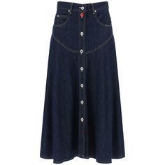 Kenzo Denim Yoke Skirt Featuring A Five-Pocket Style Enriched By A Front Button Closure With One Red Button. Detailed With All-Over Contrast Stitching, It Falls To A Flared Silhouette With Ankle Length. The Model Is 177 Cm Tall And Wears A Size 26. Material: 100%Co. Made In: Tunisia. Color: Blue. Collection: Fall - Winter 2023. Sku: Fd62dj2726e1. Modecraze Is An Online Platform That Offers The Best Designer Products From Europe To Customers All Over The World. Our Exclusive Partnerships With Eur Detailed Denim, Flared Denim Skirt, Long Flared Skirt, Printed Silk Skirt, Knit Maxi Skirt, Wrap Mini Skirt, Skirt Y2k, Paris Woman, Cargo Skirt