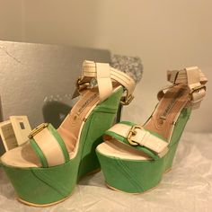 Unique And Bold Style Green Denim Ultra High Heeled Strappy Wedge Sandals From Gianmarco Lorenzi 2012. Beautiful Soft Beige Straps With Gold Hardware. New Condition, Never Worn Once. It Will Come In Its Original Box With Certificate Of Authenticity.. Trendy Wedge Heels With Branded Insole, Designer Platform Wedge Sandals With Open Heel, Designer Open Heel Platform Wedge Sandals, Designer Summer Platform Heels, Green Ankle Strap Wedge Sandals With Platform, Wedge Sandals With Contrasting Heel Counter, Party Wedge Sandals With Contrasting Heel Counter, Wedge Sandals With Contrasting Heel Counter And Open Heel, Chic Green Open Toe Wedge Sandals