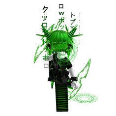 an animated image of a person with green hair and devil horns on their head, standing in front of a white background