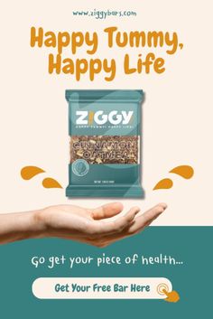 a hand holding a bag of food with the words happy tummy, happy life