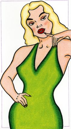 a drawing of a woman in a green dress with her hand on her hip and looking at the camera