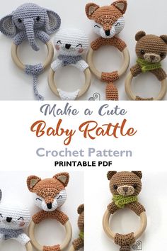 crochet patterns for baby rattles and teeth are featured in this photo with the text, make a cute baby rattle crochet pattern