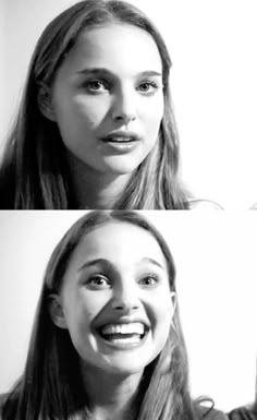 two different pictures of a woman with long hair and one has a smile on her face